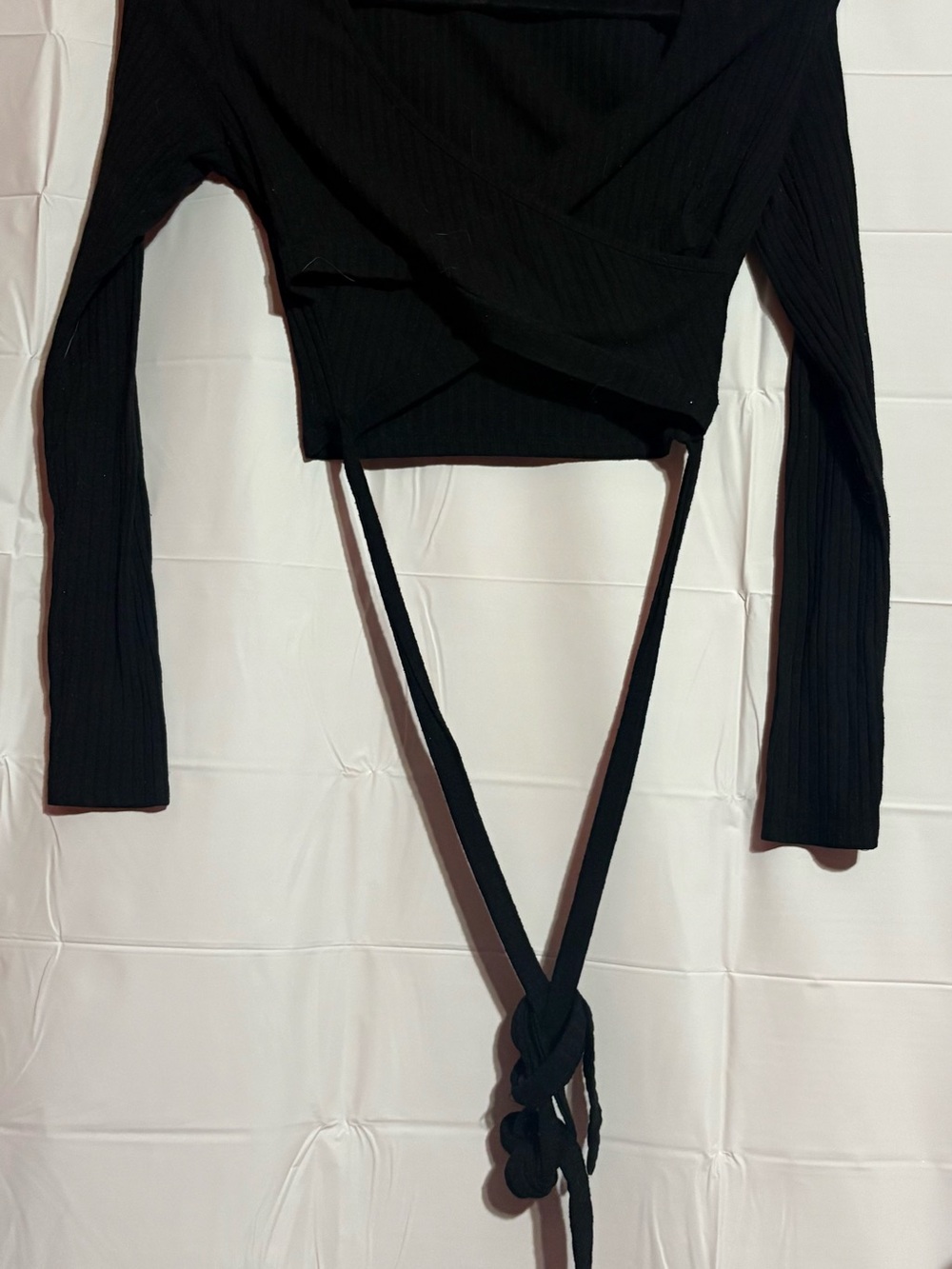 Black Ribbed Wrap Crop Top with Tie Back